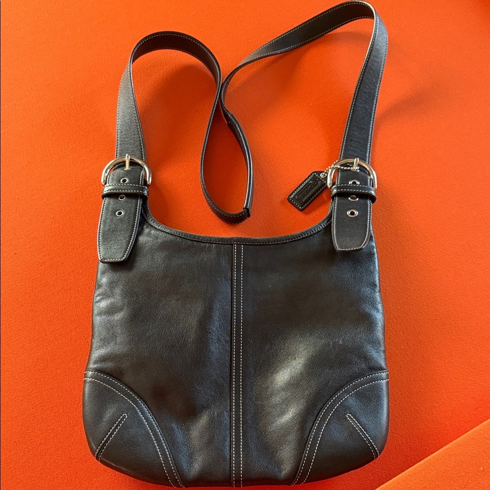 Coach Black Leather Shoulder Bag with White Contrast Stitching